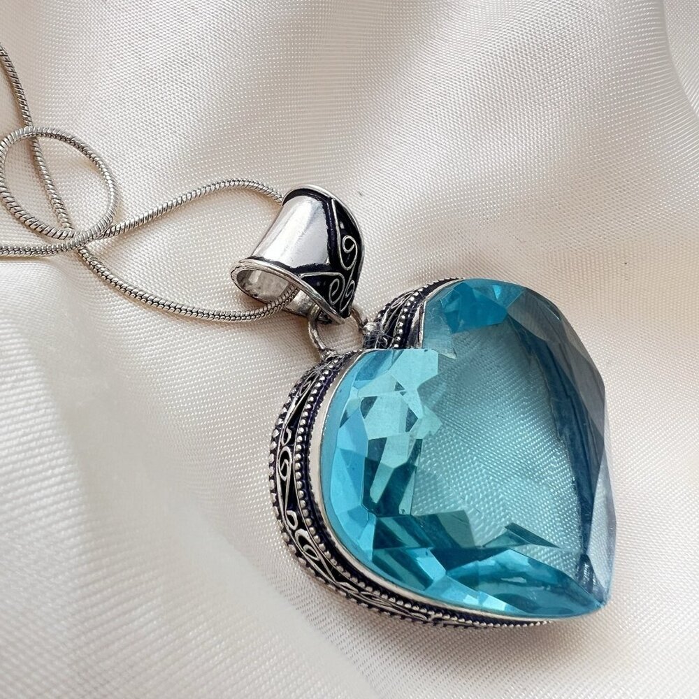 925 Sterling Silver Swiss BlueTopaz Heart Necklace Gemstone Womens Jewelry